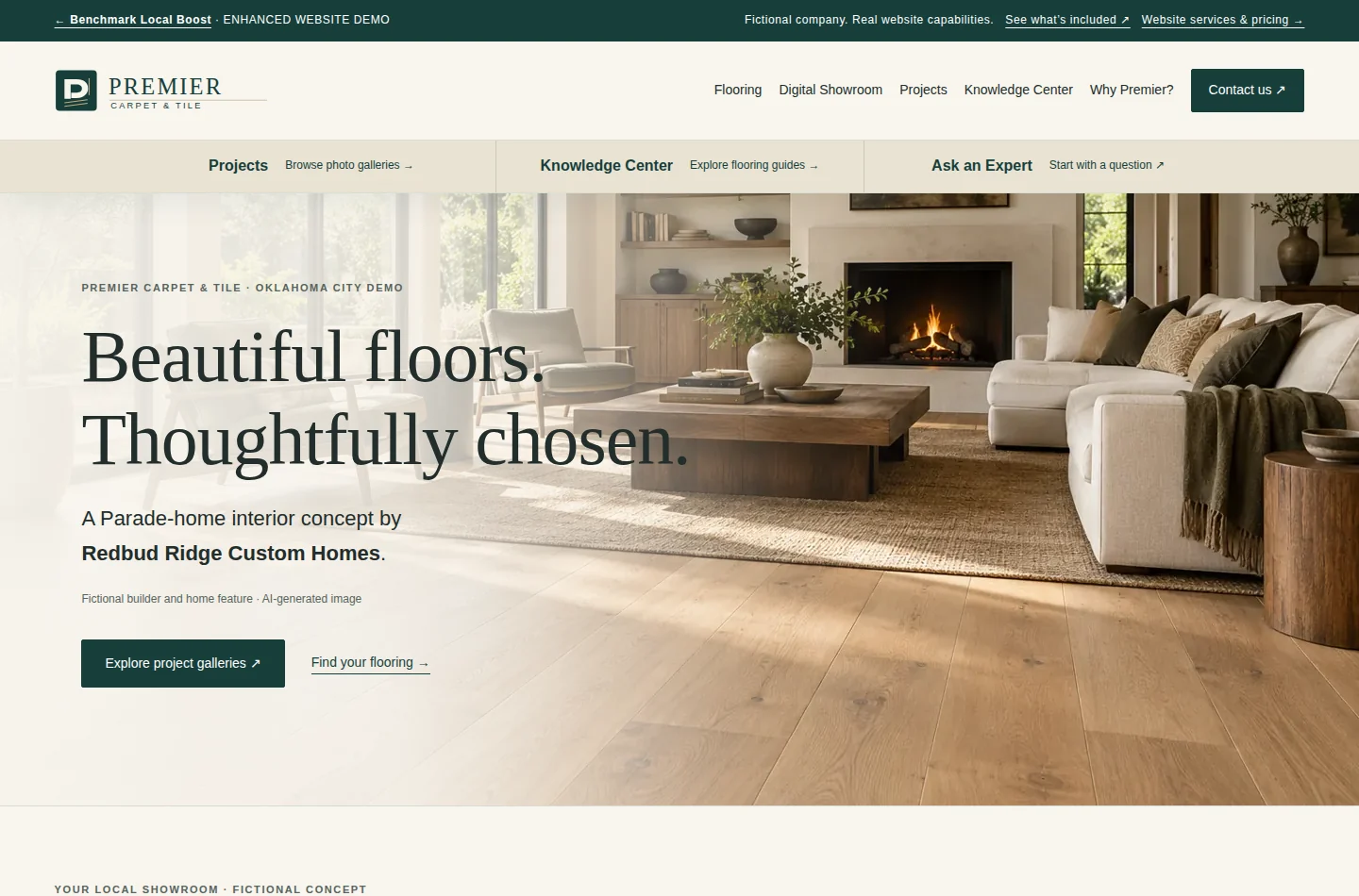 Premier flooring website preview with room photography