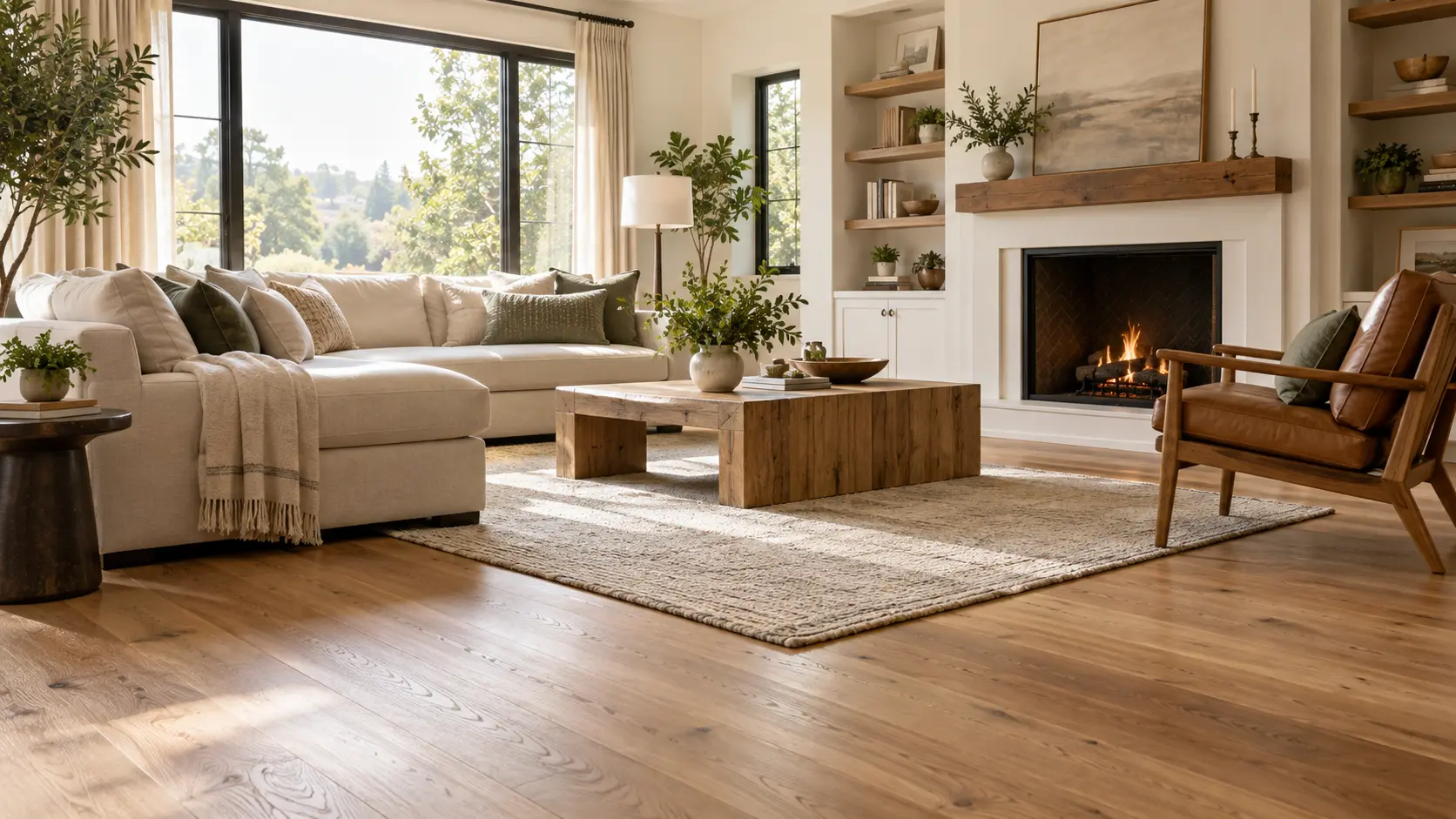 Warm, naturally lit living room with hardwood flooring