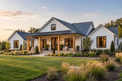 Modern farmhouse custom-home exterior — AI-generated fictional design