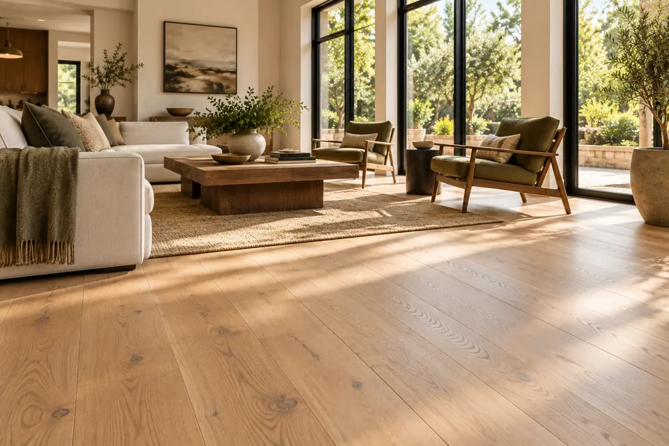 Warm oak living room — AI-generated concept view 2