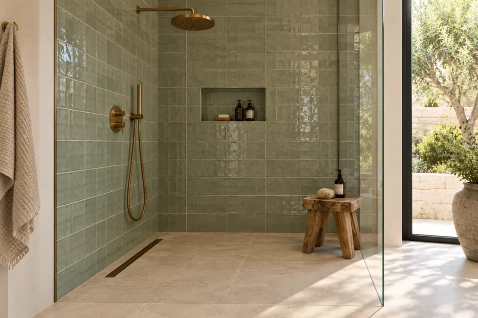 Sage walk-in shower — AI-generated concept view 2