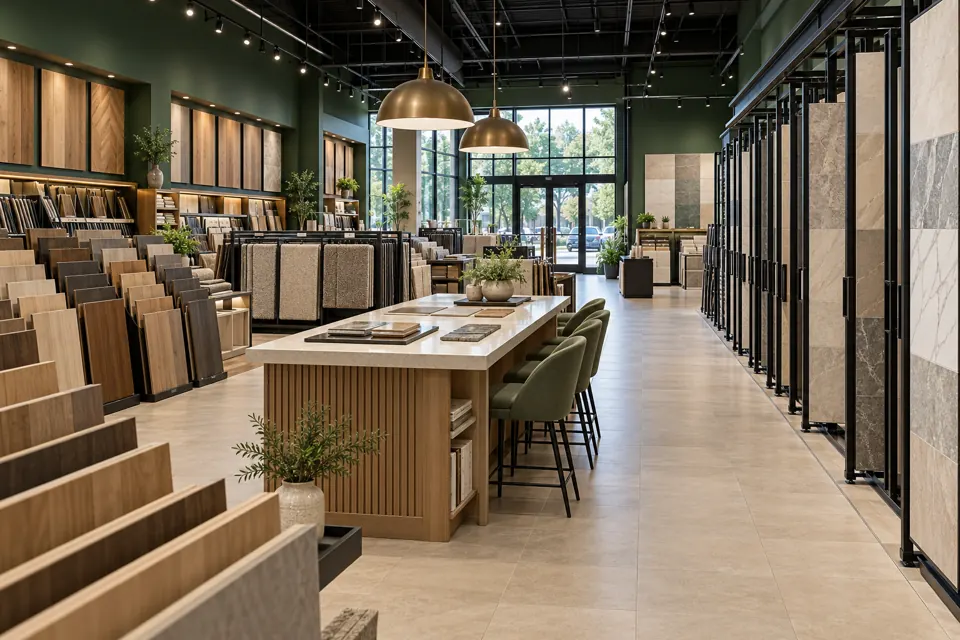 Tile and hardwood departments — AI-generated fictional store concept