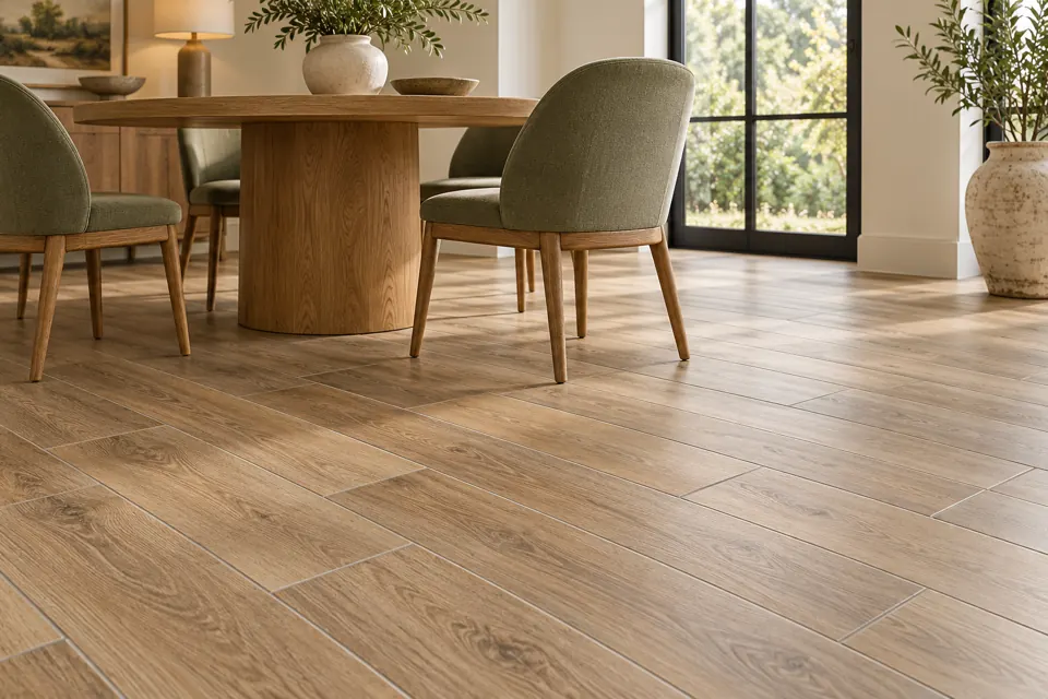 Wood-look tile dining room — AI-generated concept view 2