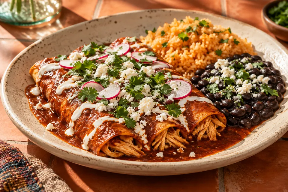 AI-generated enchiladas example for fictional Mesa & Maíz