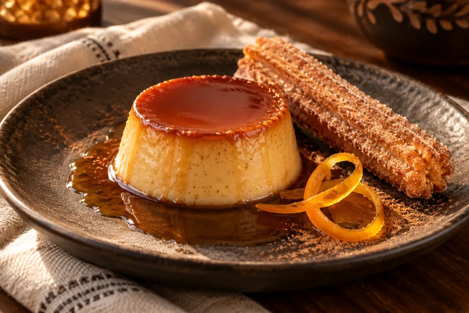 AI-generated flan example for fictional Mesa & Maíz